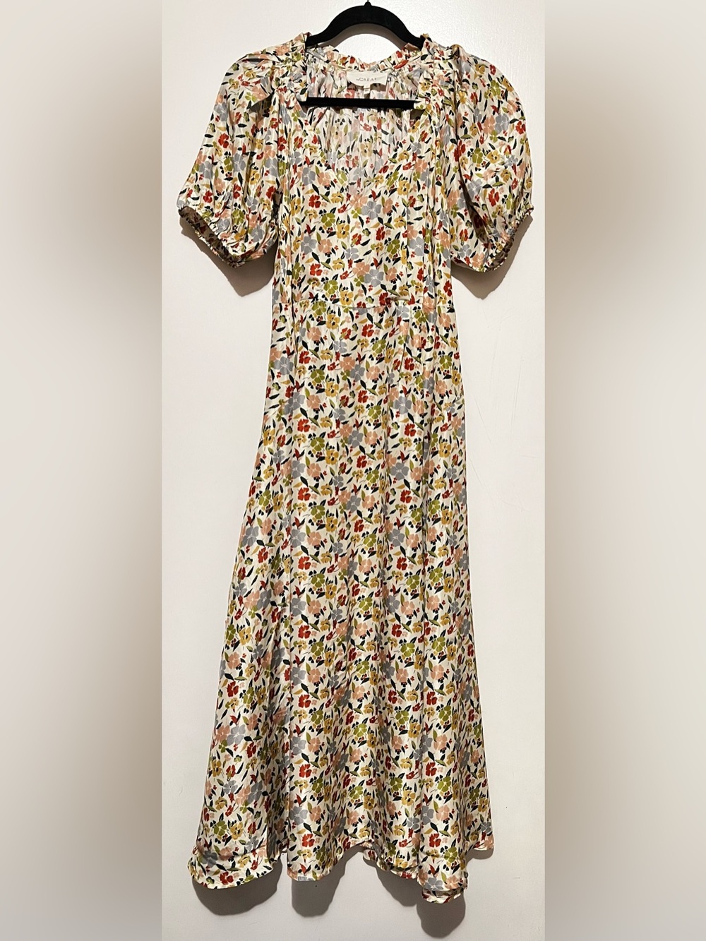 THE GREAT. Floral Puff-Sleeve Maxi Dress in Cream with Red & Green Accents
